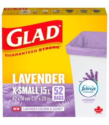 Clorox CLO-45003 Glad - X-S Garbage Bag Open Top Lavender 15L - 12/52ct, Case: 12