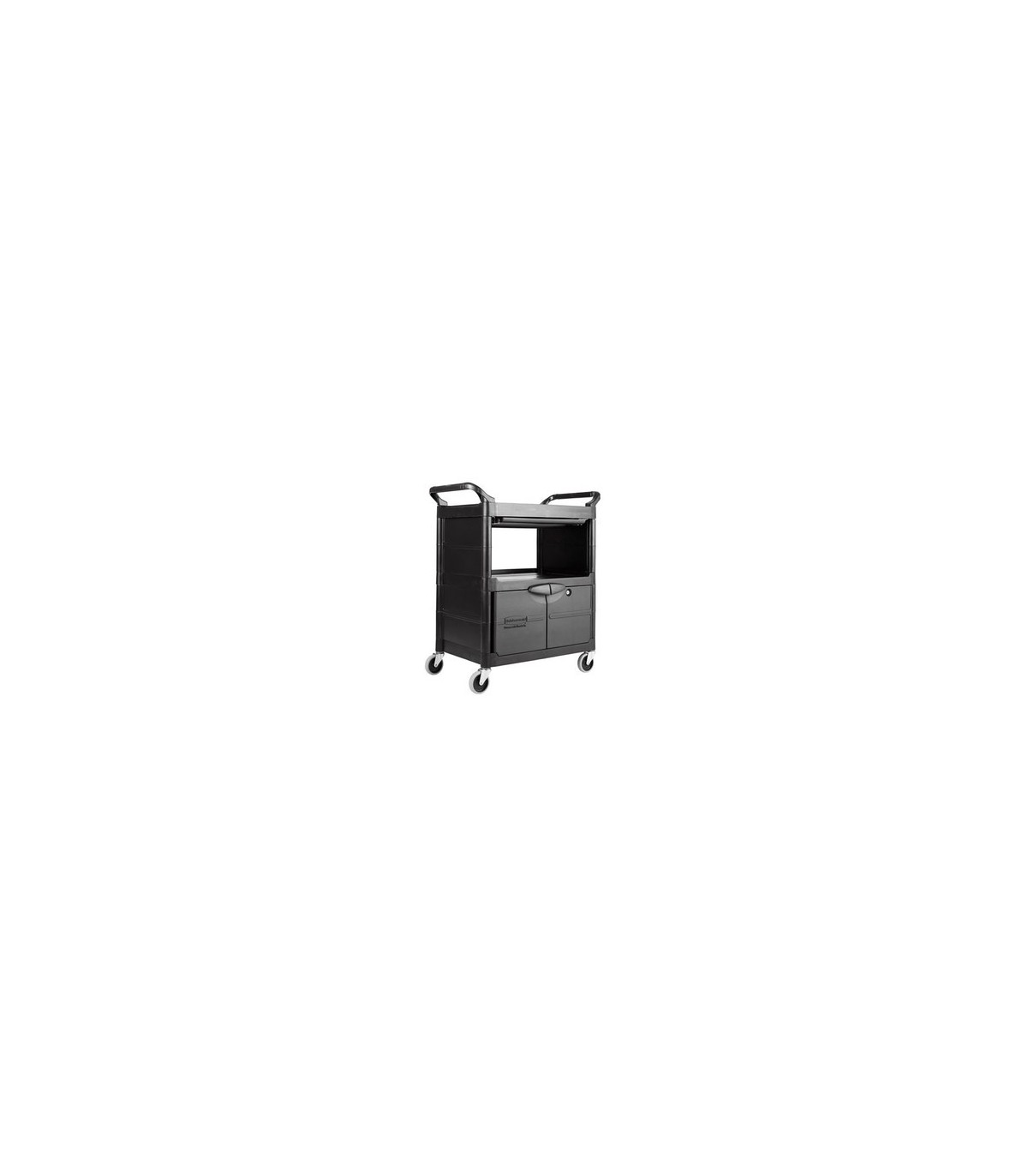 Rubbermaid FG345700BLA Cart - Service 3 Shelf -w/Panel/Lock Door/Drawer-Black, Price Per EA - FG345700BLA -  - [unit price]