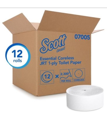 Scott 20075339 Scott® Essential Coreless Jumbo Toilet Paper, White, 1 Ply, 2300' Roll, 12 Rolls/Case 12/Cs, Price/Cs - 20075339 