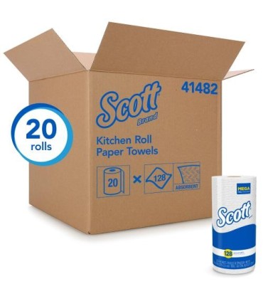 Scott 20086268 Scott® Perforated Kitchen Roll Towels, White, 1 Ply, 128 Sheets/Roll, 20 Rolls/Case 1/Cs/20, Price/Cs - 20086268 
